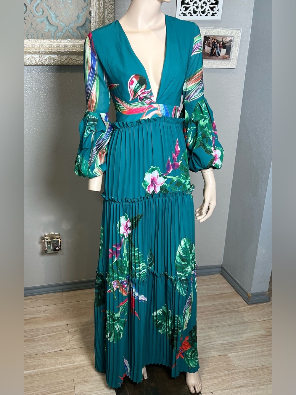 Banjul Teal Tropical Floral V-Neck Maxi Dress - Picture 9 of 15